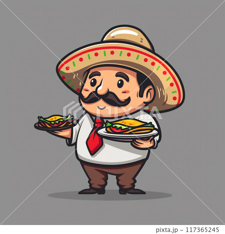 A Mexican man in a sombrero is holding a plate of tacos. He is smiling and he is happy. Cartoon style.  117365245