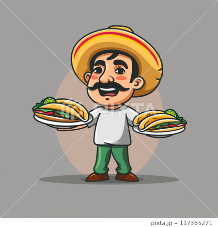 A Mexican man in a sombrero is holding a plate of tacos. He is smiling and he is happy. Cartoon style. A Mexican man in a sombrero is holding a plate of tacos. He is smiling and he is happy. Cartoon style. 117365271