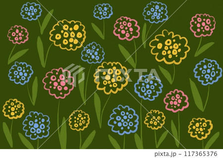 Simple summer flowers doodles, floral design elements print pattern seamless surface pencil hand drawn naive style Simple summer flowers doodles, floral design elements print pattern seamless surface pencil hand drawn naive style 117365376