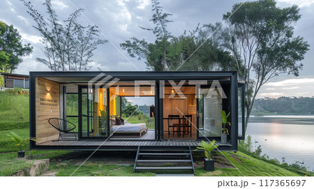 A small house is built on a pier over a body of water. The house is surrounded by a lush green garden and a few potted plants. A small house is built on a pier over a body of water. The house is surrounded by a lush green garden and a few potted plants. 117365697