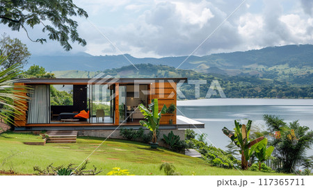 A small house is built on a pier over a body of water. The house is surrounded by a lush green garden and a few potted plants.  117365711