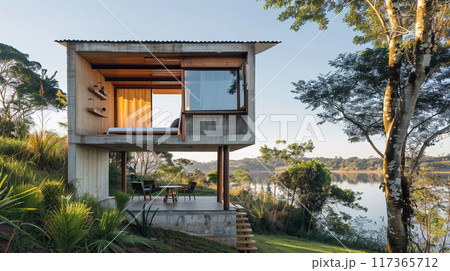 A small house is built on a pier over a body of water. The house is surrounded by a lush green garden and a few potted plants. A small house is built on a pier over a body of water. The house is surrounded by a lush green garden and a few potted plants. 117365712