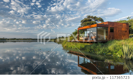 A small house is built on a pier over a body of water. The house is surrounded by a lush green garden and a few potted plants.  117365723