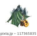 Watercolor composition with green camping tent, forest pine trees background, acoustic guitar, thermos on a wooden stamp. Hand drawn illustration isolated on white. Mountain equipment for recreation 117365835