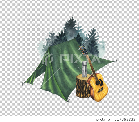 Watercolor composition with green camping tent, forest pine trees background, acoustic guitar, thermos on a wooden stamp. Hand drawn illustration isolated on white. Mountain equipment for recreation 117365835