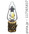 Watercolor vintage oil lantern on a wooden stump isolated on white background. Hand drawn camping old kerosene lamp design. Travel retro metal equipment for camp and adventure. Antique rusty glass 117365837