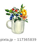Watercolor mug with berries composition of hand drawn cowberry, cloudberry and blueberry with berries, leaves, branches. Botanical forest berry illustration on white isolated background. For banner 117365839