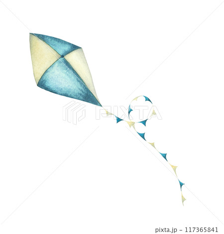 Watercolor kite in beige and blue delicate colors with colorful ribbon. Hand-drawn illustration isolated on white background. Children's toy, flies. Perfect for prints, posters, covers, cards 117365841
