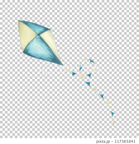 Watercolor kite in beige and blue delicate colors with colorful ribbon. Hand-drawn illustration isolated on white background. Children's toy, flies. Perfect for prints, posters, covers, cards 117365841
