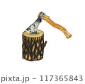 Watercolor Hatchet in wooden stump. Hand painted illustration carpenter tools for forest camping, Hiking hand axe with wooden handle, isolated on white background. Watercolour hand drawn illustration 117365843