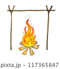 Watercolor fireplace with fire coals or woodfire with Sticks with knots. Campfire cooking pot. Burning bonfire woodpile. Camping fire. Campfire. Hand drawn orange and red fire on brown wooden logs in 117365847