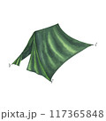 Green vintage tourist tent for recreation and travel, camping. Watercolor hand drawn illustration isolated on a white background. Clipart for postcards, stickers. Forest camp, mountain equipment for 117365848