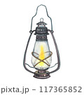 Watercolor vintage oil lantern isolated on white background. Hand drawn camping old kerosene lamp design. Travel retro metal equipment for camp and adventure. Antique rusty glass element for icon or 117365852