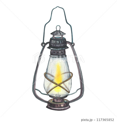 Watercolor vintage oil lantern isolated on white background. Hand drawn camping old kerosene lamp design. Travel retro metal equipment for camp and adventure. Antique rusty glass element for icon or 117365852