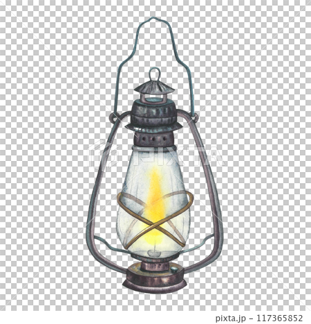 Watercolor vintage oil lantern isolated on white background. Hand drawn camping old kerosene lamp design. Travel retro metal equipment for camp and adventure. Antique rusty glass element for icon or 117365852