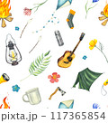 Camping watercolor seamless pattern with camp tent, guitar, lantern, thermos, kite, socks, flowers, axe, fire, fireplace, mug, cup, marshmallows on stick . Traveling, trip, hiking, camper, nature 117365854