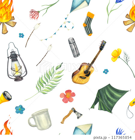 Camping watercolor seamless pattern with camp tent, guitar, lantern, thermos, kite, socks, flowers, axe, fire, fireplace, mug, cup, marshmallows on stick . Traveling, trip, hiking, camper, nature 117365854