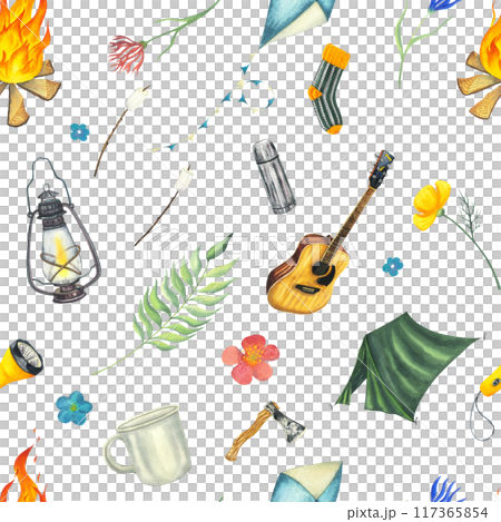 Camping watercolor seamless pattern with camp tent, guitar, lantern, thermos, kite, socks, flowers, axe, fire, fireplace, mug, cup, marshmallows on stick . Traveling, trip, hiking, camper, nature 117365854