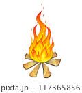 Watercolor fireplace with fire coals or woodfire. Burning bonfire woodpile. Camping fire. Campfire. Hand drawn orange and red fire on brown wooden logs in forest or beach isolated on white 117365856