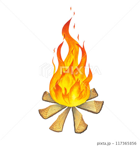 Watercolor fireplace with fire coals or woodfire. Burning bonfire woodpile. Camping fire. Campfire. Hand drawn orange and red fire on brown wooden logs in forest or beach isolated on white Watercolor fireplace with fire coals or woodfire. Burning bonfire woodpile. Camping fire. Campfire. Hand drawn orange and red fire on brown wooden logs in forest or beach isolated on white 117365856