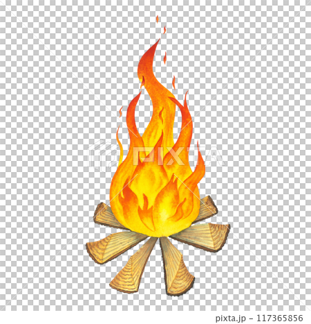 Watercolor fireplace with fire coals or woodfire. Burning bonfire woodpile. Camping fire. Campfire. Hand drawn orange and red fire on brown wooden logs in forest or beach isolated on white Watercolor fireplace with fire coals or woodfire. Burning bonfire woodpile. Camping fire. Campfire. Hand drawn orange and red fire on brown wooden logs in forest or beach isolated on white 117365856