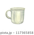 Watercolor illustration of a tourist mug isolated on a white background. White ceramic touristic tea cup for forest camping and hiking. Watercolour hand drawn clipart for postcards, stickers. Empty 117365858