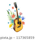 Watercolor Acoustic Guitar with flowers. Hand painted illustration of musical instrument. Wooden music string instrument. Isolated on white background for a postcard, icon, music party flyer, festival 117365859