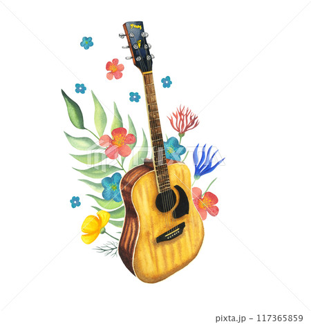 Watercolor Acoustic Guitar with flowers. Hand painted illustration of musical instrument. Wooden music string instrument. Isolated on white background for a postcard, icon, music party flyer, festival 117365859