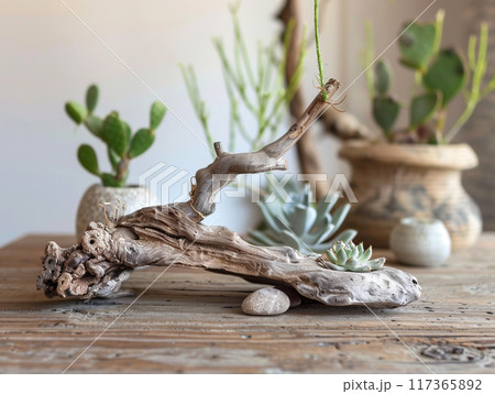Tabletop decorations made from weathered wood and the collections of the remains of shells and sea corals. 117365892