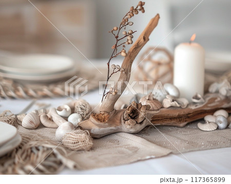 Tabletop decorations made from weathered wood and the collections of the remains of shells and sea corals. 117365899