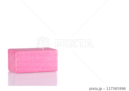 Wooden cube of pink color on a white background Wooden cube of pink color on a white background 117365996