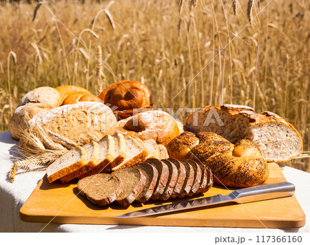Lot of different flavored bread, wheat, rye, on the table in the field outside 117366160