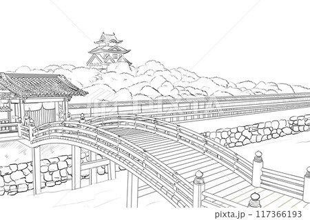 江戸時代の橋と門とお城の線画 117366193