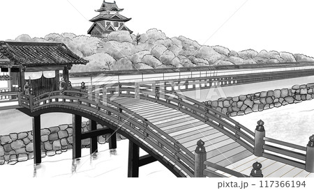 江戸時代の橋と門とお城トーン風1 117366194