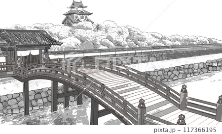 江戸時代の橋と門とお城トーン風2 117366195