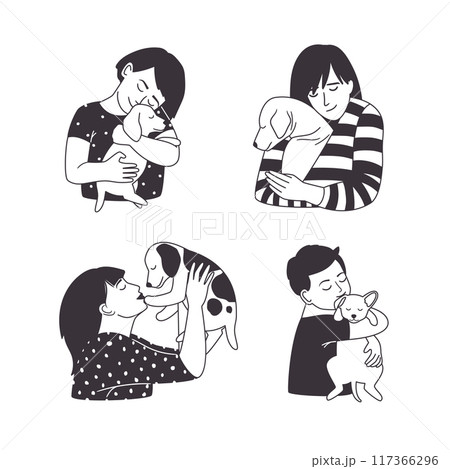The owners hug their pets. Woman loves a dog, children love a puppy. Black and white vector illustration 117366296