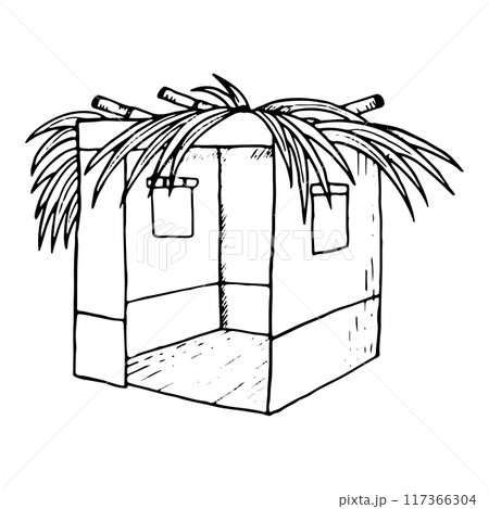 Line Sukkah with palm leaves on the top black and white vector illustration for Sukkot Jewish holiday. Hand drawn succah hut ink sketch in simple style 117366304