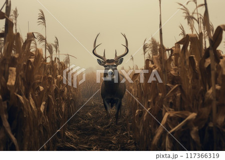 Deer standing in corn field in summertime nature. 117366319