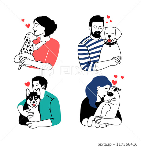 Happy owners and pets set. People love and hug dogs and cats, vector collection isolated on white background 117366416