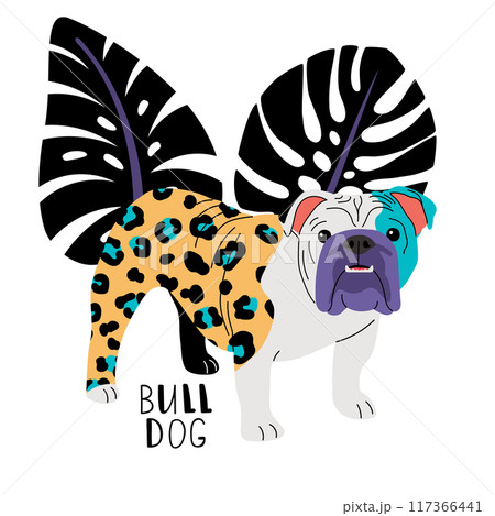 Bulldog breed dog with a bright leopard print on a background of palm leaves 117366441