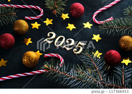 New Year 2025 background. Number of the coming year in Christmas decoration. 117366453