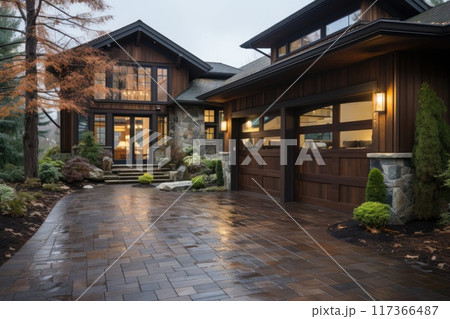 Garage door with a driveway in front. 117366487