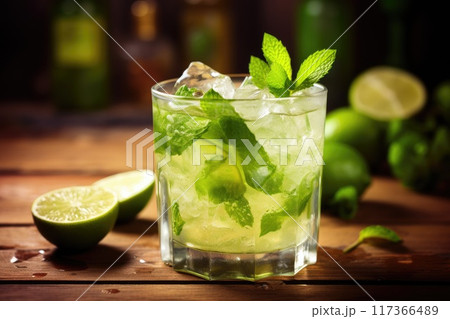 Glass of caipirinha cocktail on table 117366489