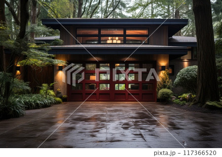 Garage door with a driveway in front. 117366520