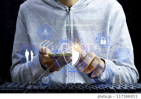 Keypad, cyber shield, lock, technology security system. Digital link. Cyber security with advanced technology. 117366951