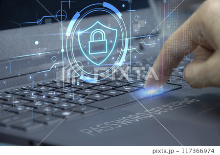 Keypad, cyber shield, lock, technology security system. Digital link. Cyber security with advanced technology. 117366974
