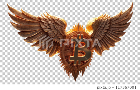 Gold bitcoin in with gold wings flying in the air without background. Design element 117367001
