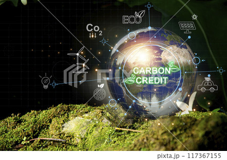 Carbon credit or CO2 trading market. Carbon tradable certificates for buy-sell. Business and environment sustainable. industry and company Reduc of carbon emissions to Net zero greenhouse gas target. 117367155