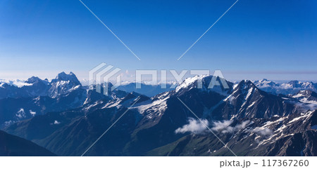 panoramic view of snowy high mountain peaks, Caucasus ridge. 117367260