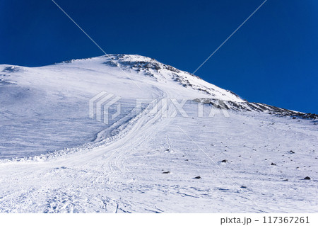 view of the southern slope of Mount Elbrus as you climb to the top. Elbrus is the highest peak in Europe 117367261